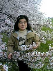 講師が満開の桜をバックにほほえむ写真
