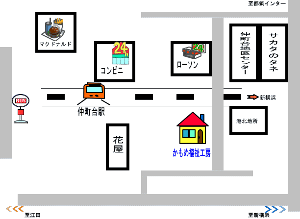 かもめ福祉工房への地図、道案内：横浜市営地下鉄仲町台駅で下車し、改札を出て左に折り返し、歩行者専用道路を線路づたいに、まっすぐ歩く。2分くらい直進すると、車道にあたるのでそこの右手にある薬局（ニュータウン薬局）の２階（２０１号）が当作業所です。