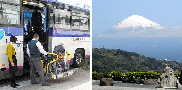 車椅子はリフトで車内へ。富士川サービスエリヤで富士山を眺望。