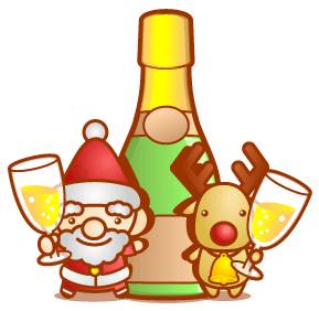 サンタとトナカイがワインボトルの前で乾杯をしているイラスト