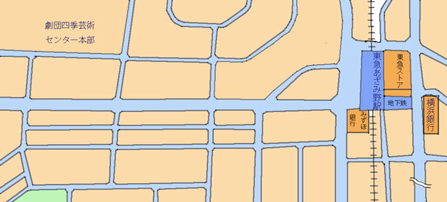 あざみ野駅周辺の地図です。この地図には東急あざみ野駅、市営地下鉄あざみ野駅および駅周辺の１０軒の商店が紹介されています。