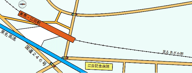 江田駅周辺の地図です。この地図には駅周辺の１6軒の商店が紹介されています。
