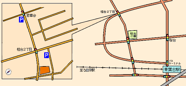 桂台２丁目バス停付近の地図です。６軒のお店と１施設が紹介されています。